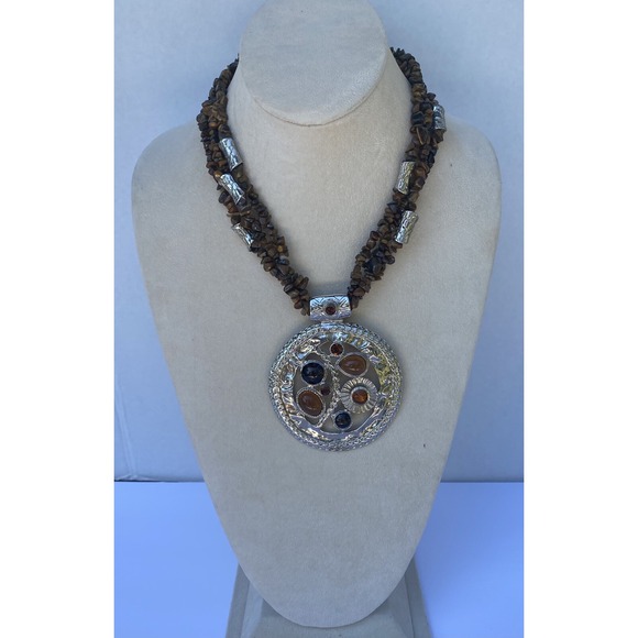 Boho Imports Jewelry - Necklace big pendant brown tone silver tone 17" inches bohemian chic 3"‎ pendant